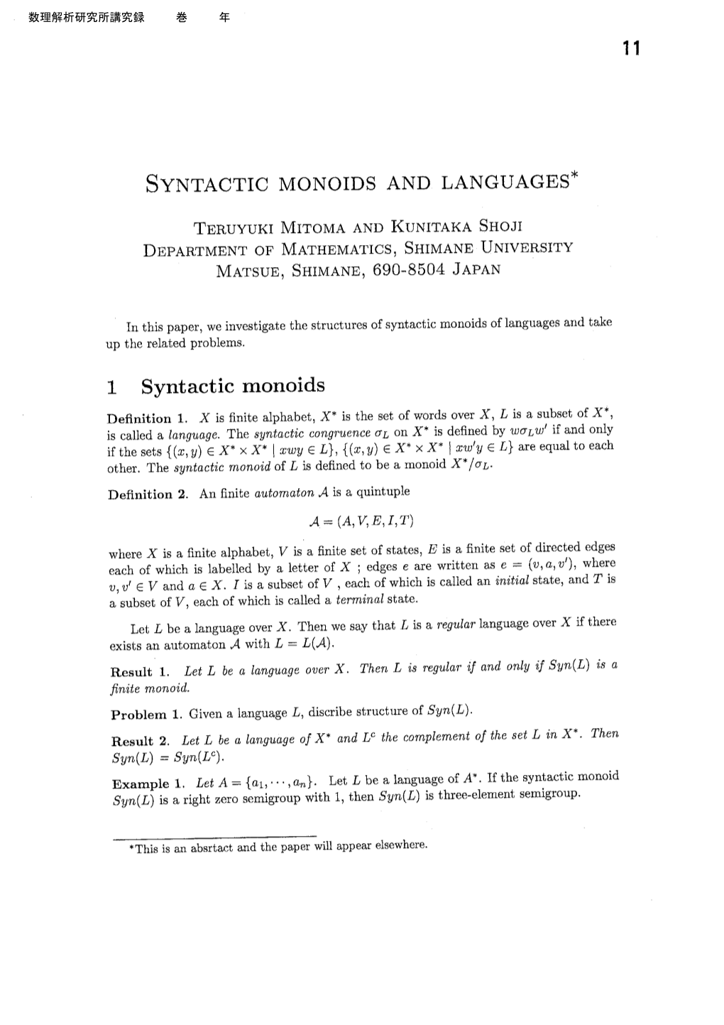 Syntactic Monoids and Languages*