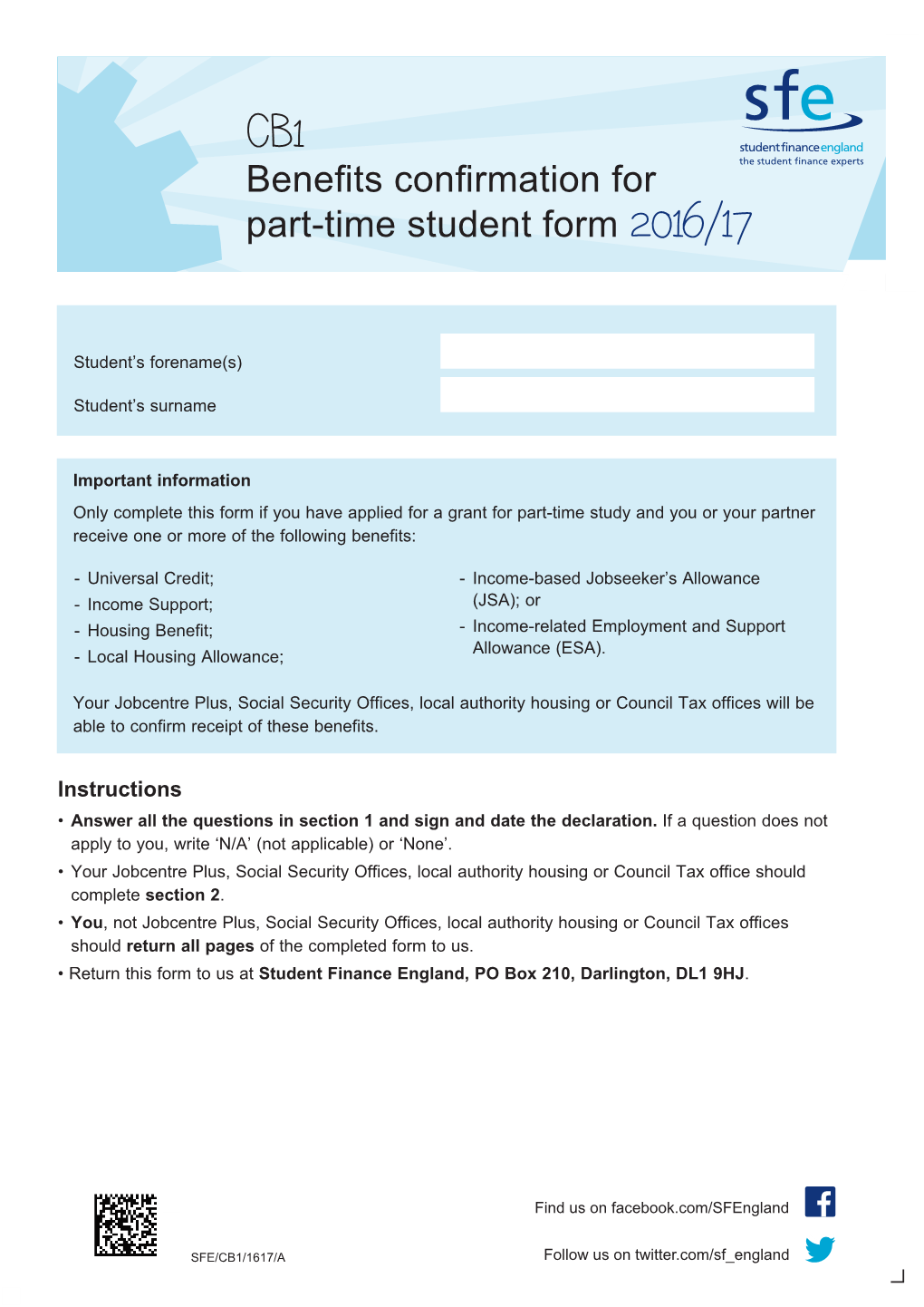 Student Finance England Benefits Confirmation Form 1516