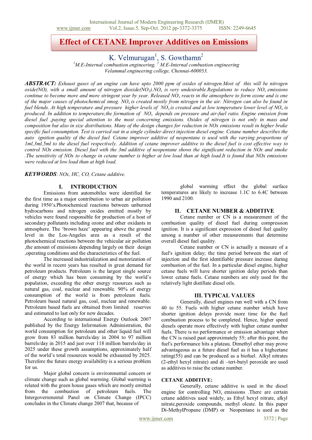 Effect of CETANE Improver Additives on Emissions