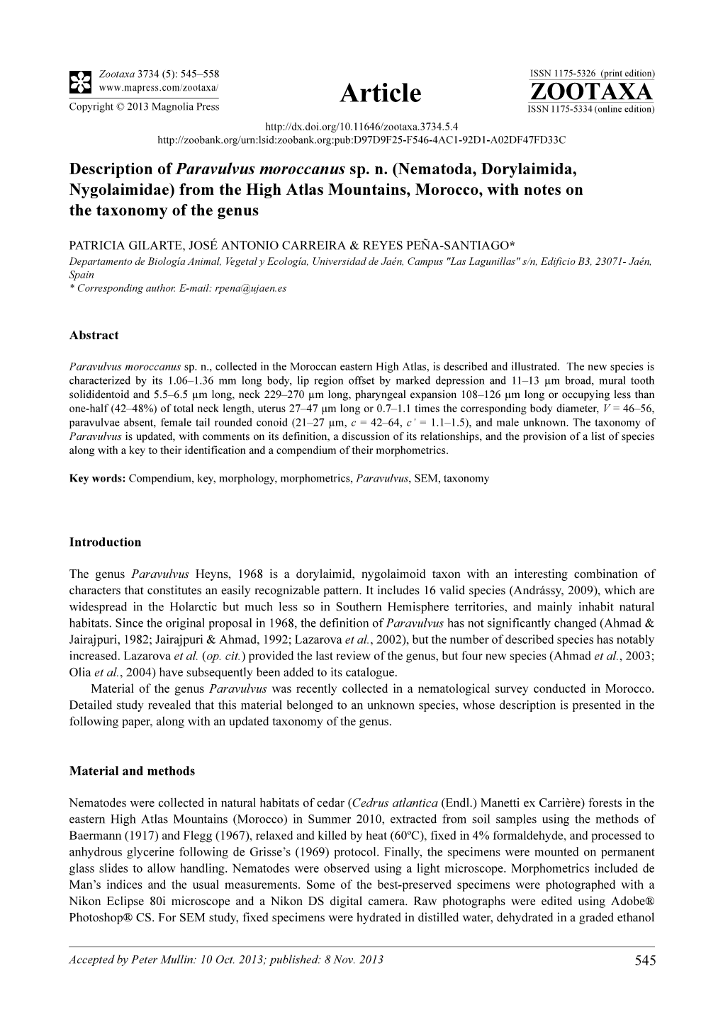 Description of Paravulvus Moroccanus Sp. N.(Nematoda, Dorylaimida