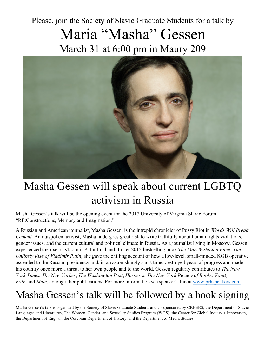 “Masha” Gessen March 31 at 6:00 Pm in Maury 209