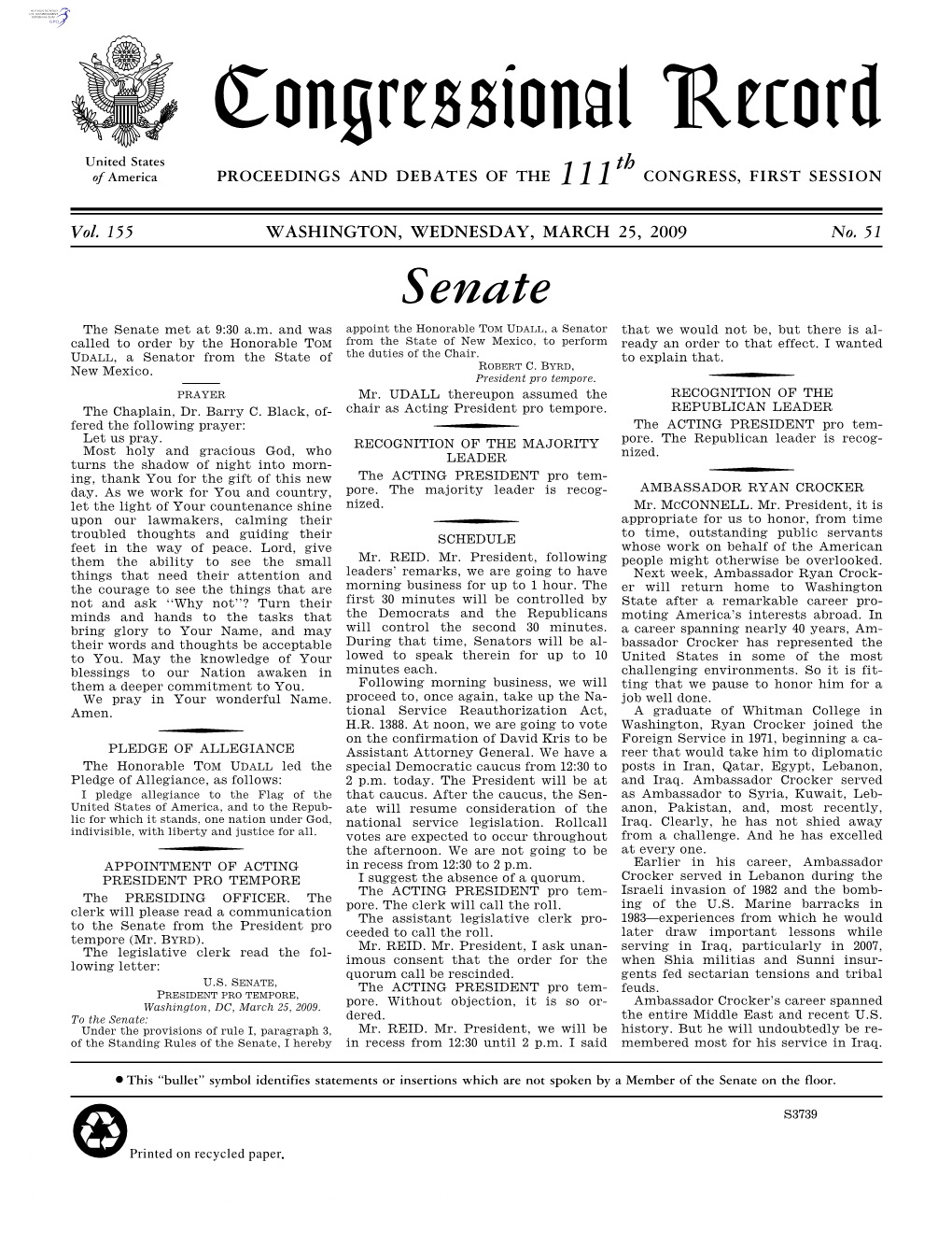 Congressional Record United States Th of America PROCEEDINGS and DEBATES of the 111 CONGRESS, FIRST SESSION