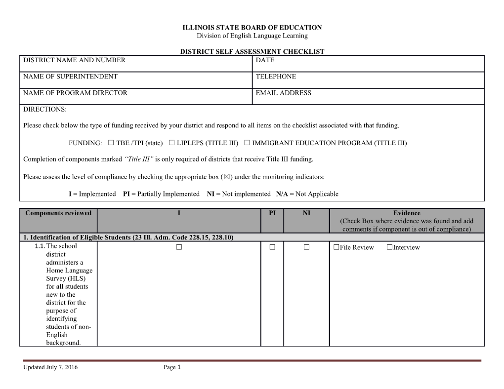 Division of English Language Learning TBE/TPI/Title III District Self-Assessment Checklist