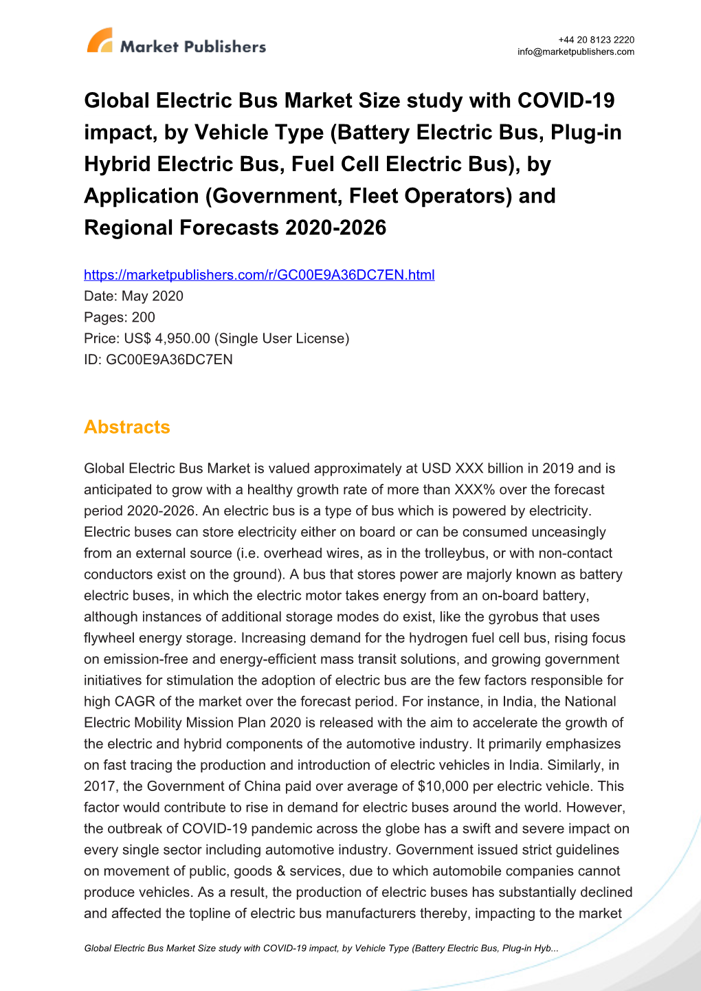 Global Electric Bus Market Size Study With