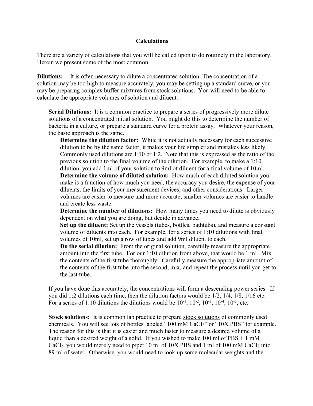 Calculations There Are a Variety of Calculations That You Will Be Called Upon to Do Routinely in the Laboratory. Herein We Pres