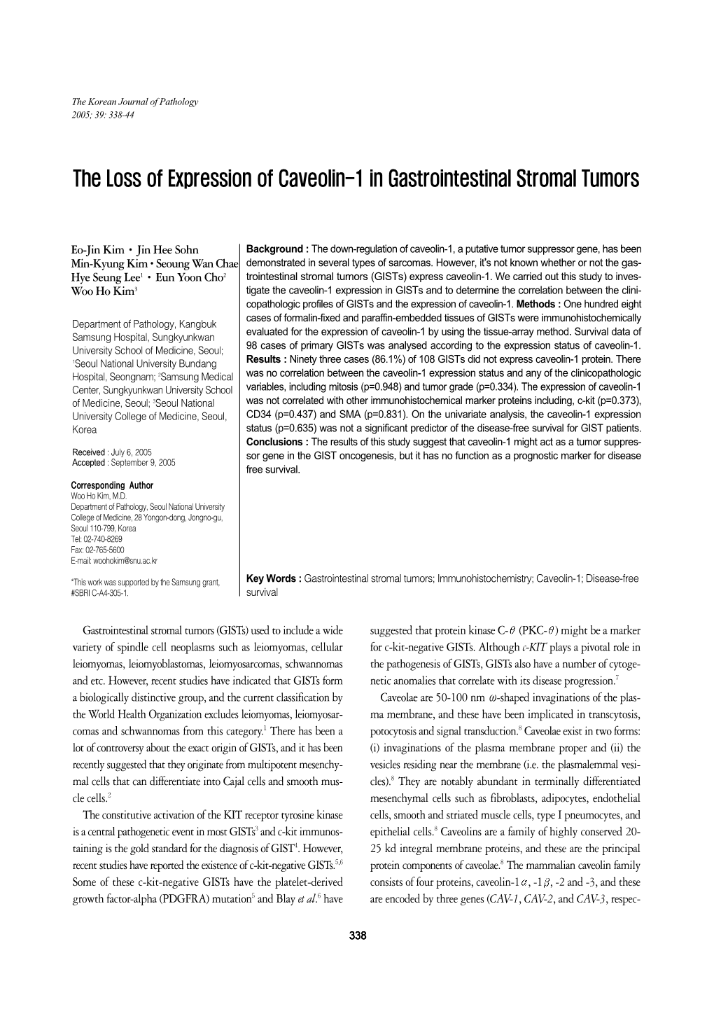 The Loss of Expression of Caveolin-1 in Gastrointestinal Stromal Tumors