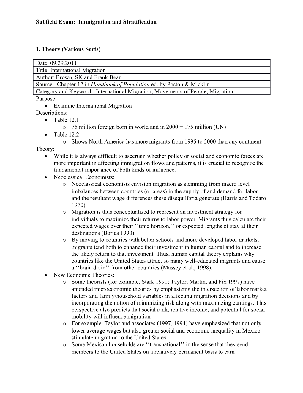 Subfield Exam: Immigration and Stratification