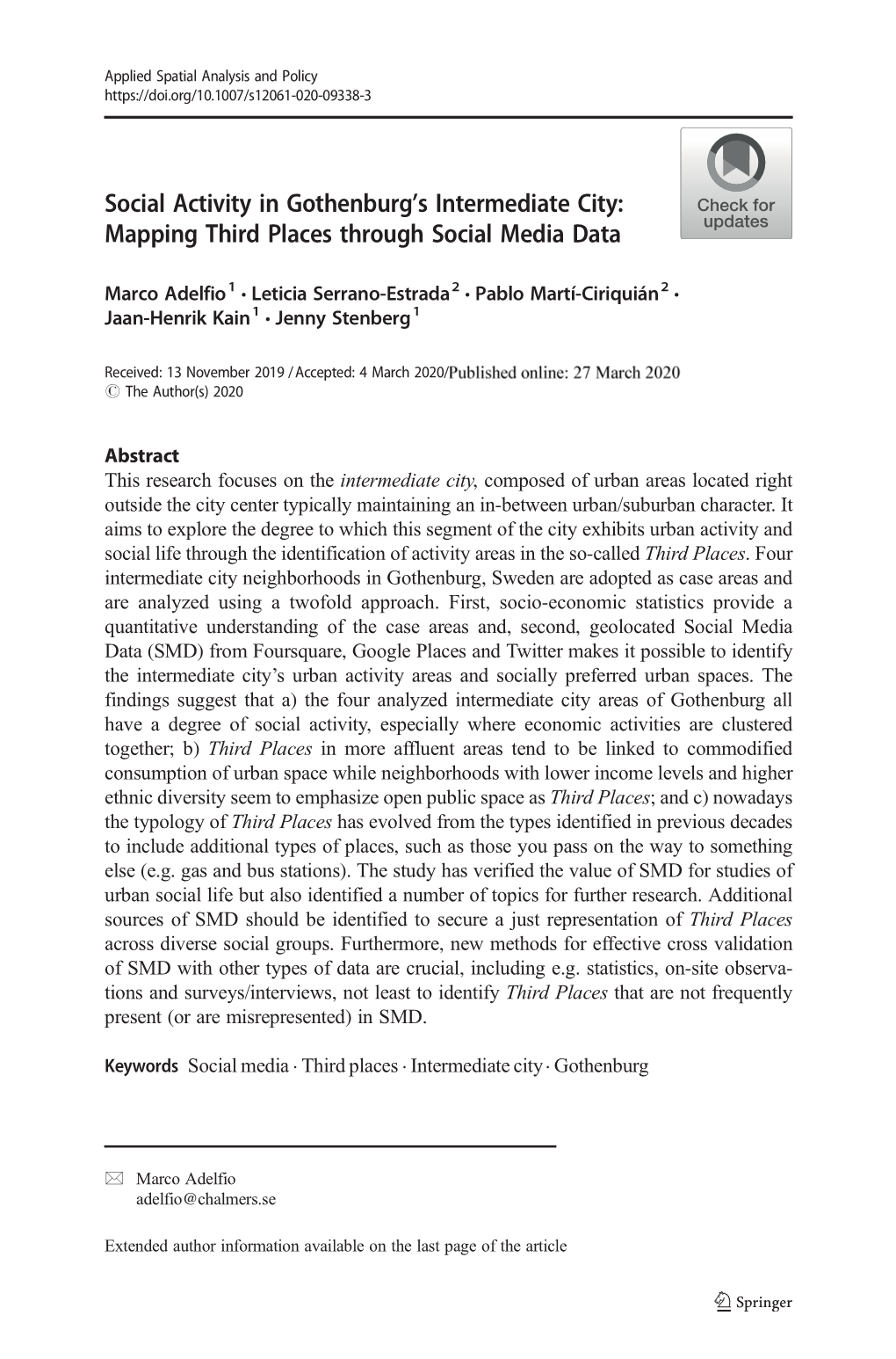 Social Activity in Gothenburg's Intermediate City: Mapping Third