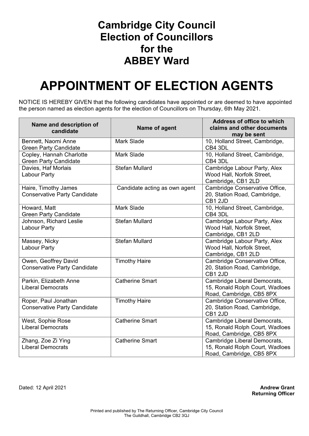 Notice of Appointment of Election Agents – Cambridge City Council