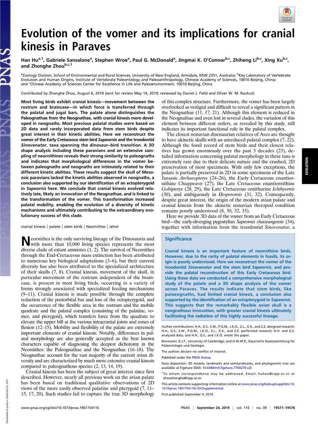 Evolution of the Vomer and Its Implications for Cranial Kinesis in Paraves