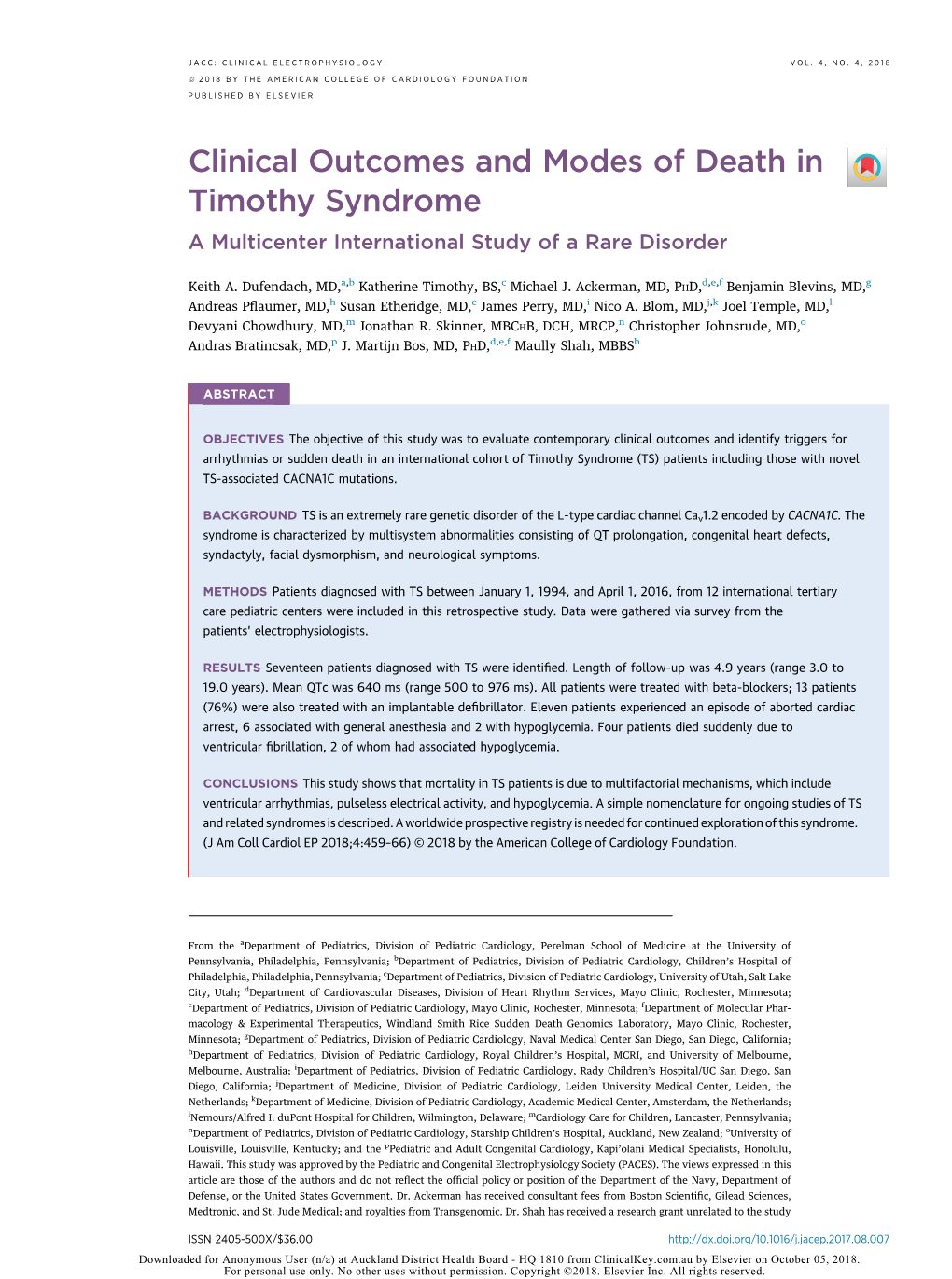 Clinical Outcomes and Modes of Death in Timothy Syndrome a Multicenter International Study of a Rare Disorder