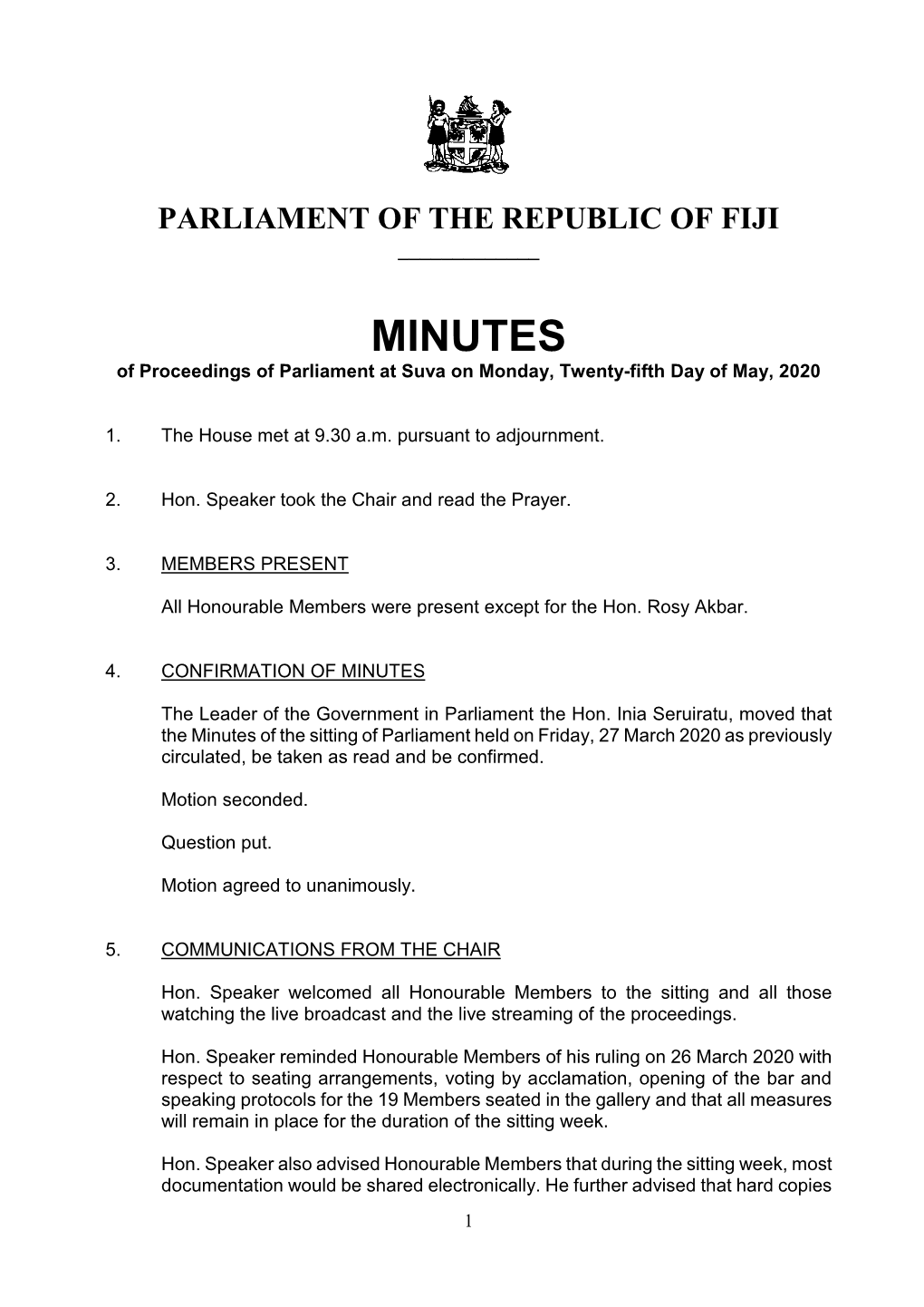 MINUTES of Proceedings of Parliament at Suva on Monday, Twenty-Fifth Day of May, 2020