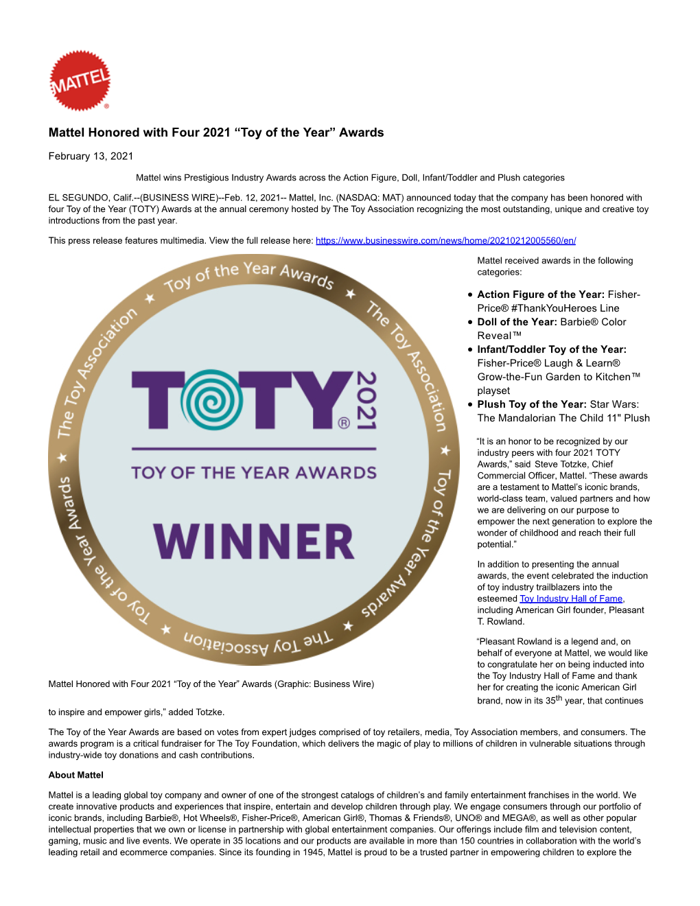 Mattel Honored with Four 2021 “Toy of the Year” Awards