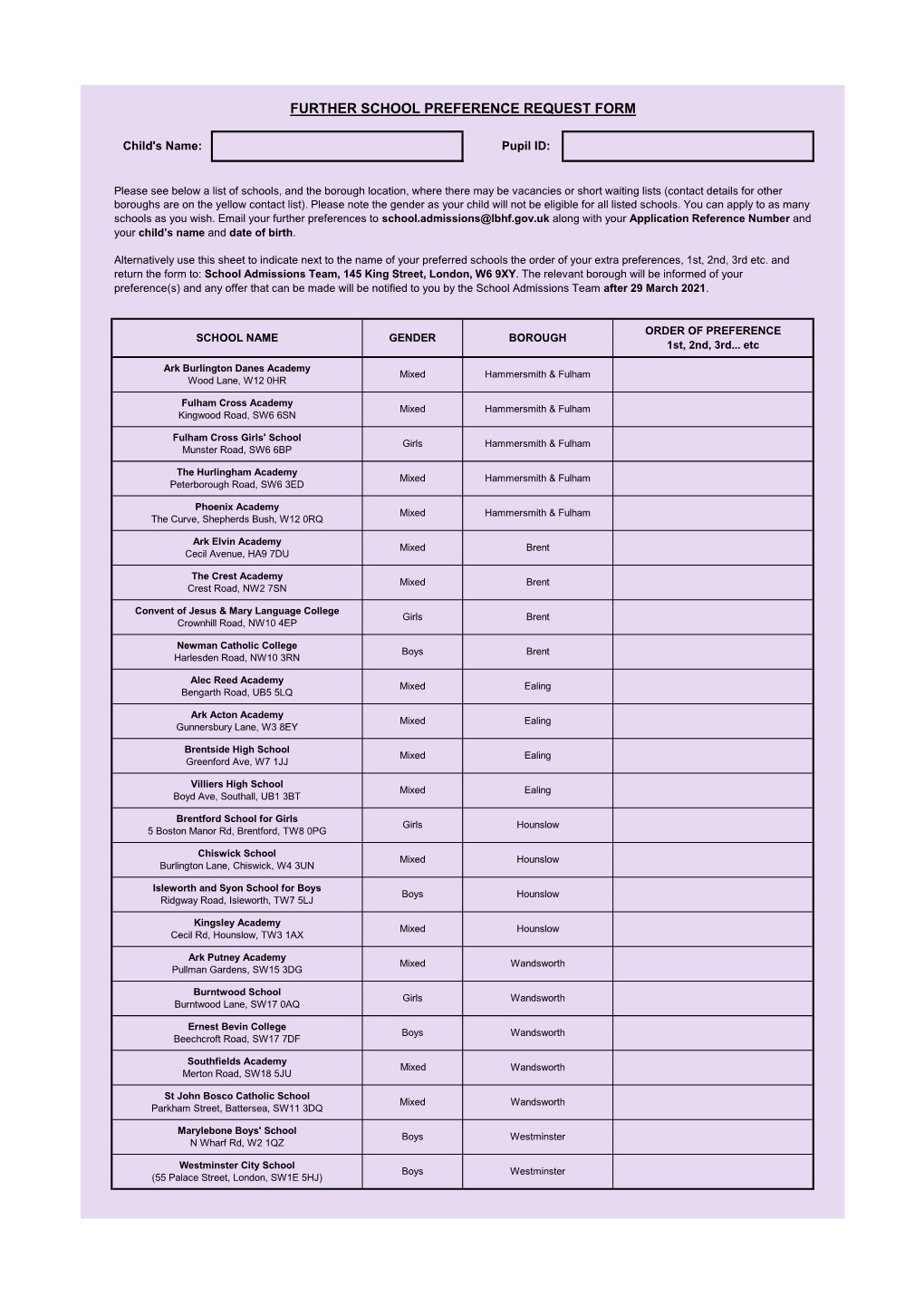 Schools with Vacancies Or Short Waiting Lists and Further School