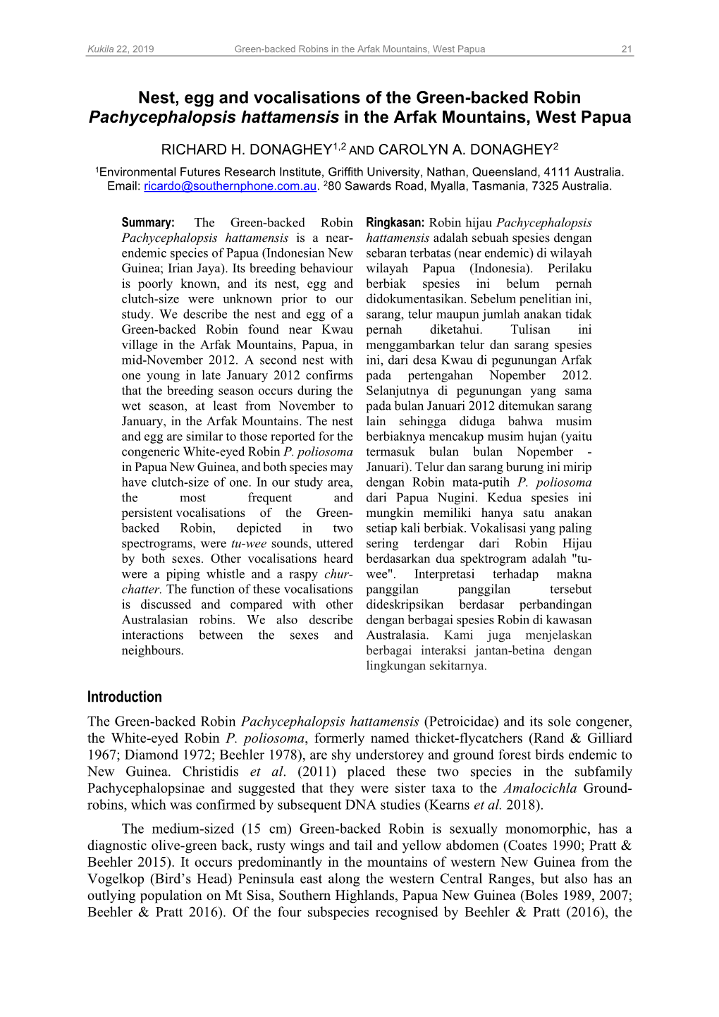 Nest, Egg and Vocalisations of the Green-Backed Robin Pachycephalopsis Hattamensis in the Arfak Mountains, West Papua