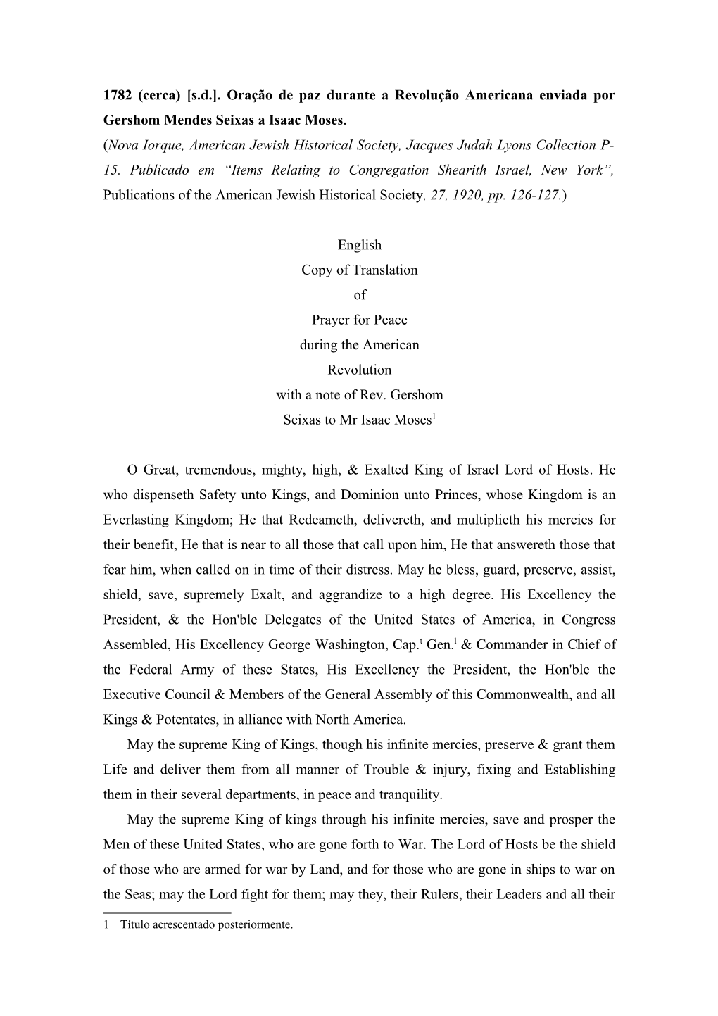 Oração De Paz Durante a Revolução Americana Enviada Por Gershom Mendes Seixas a Isaac Moses