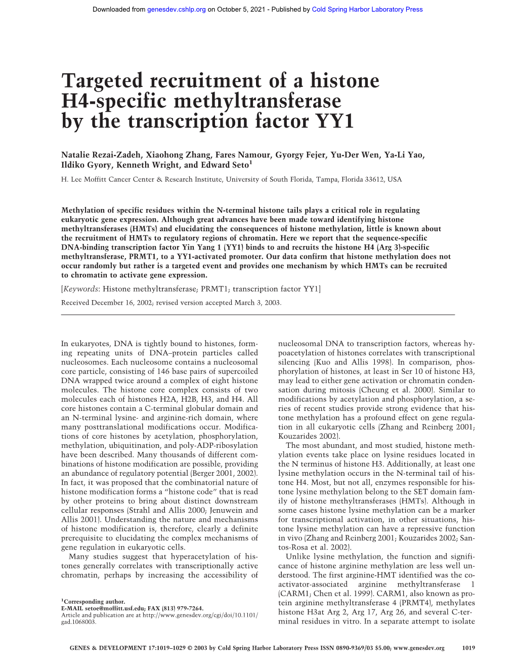 Targeted Recruitment of a Histone H4-Specific Methyltransferase by the Transcription Factor YY1