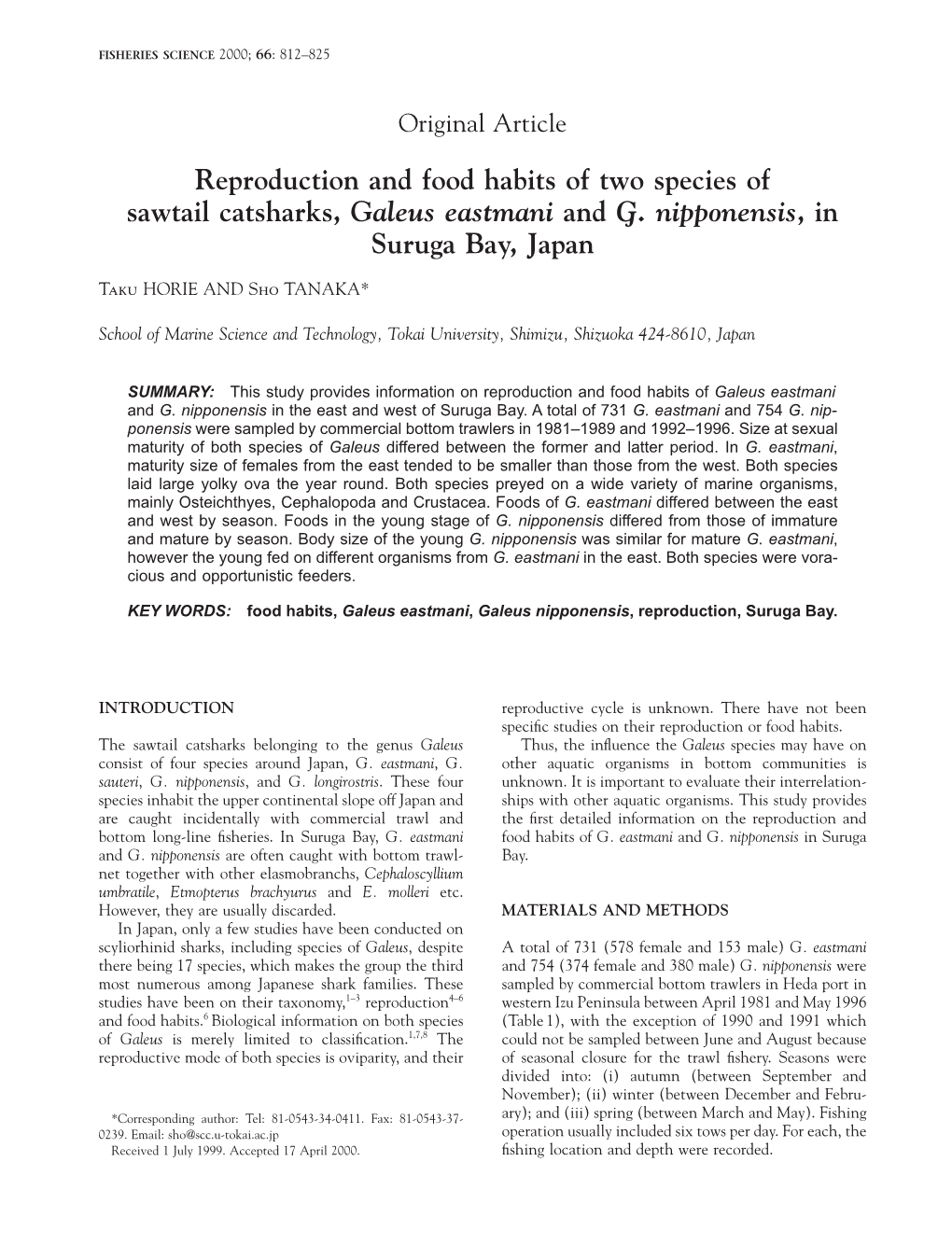 Reproduction and Food Habits of Two Species of Sawtail Catsharks, Galeus Eastmani and G