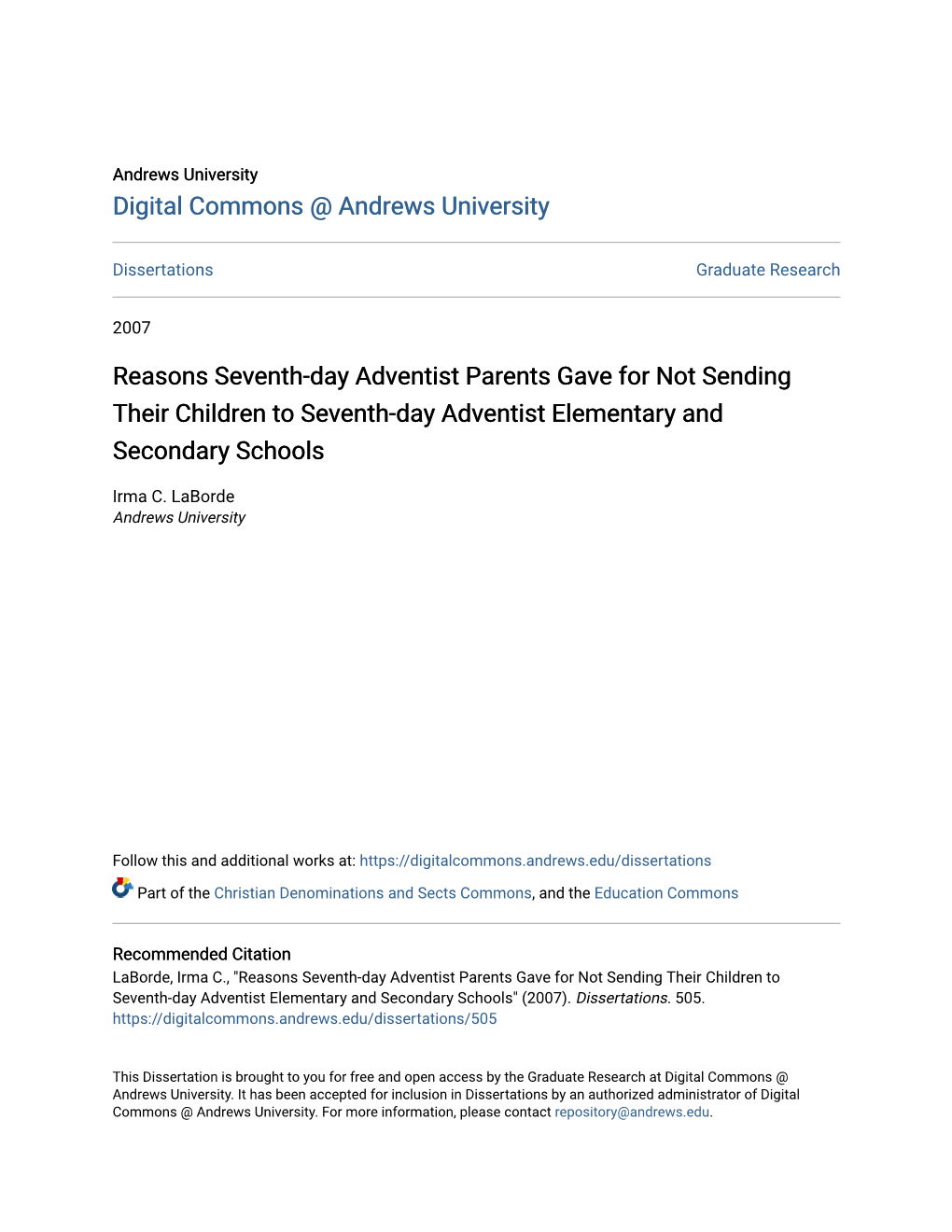 Reasons Seventh-Day Adventist Parents Gave for Not Sending Their Children to Seventh-Day Adventist Elementary and Secondary Schools