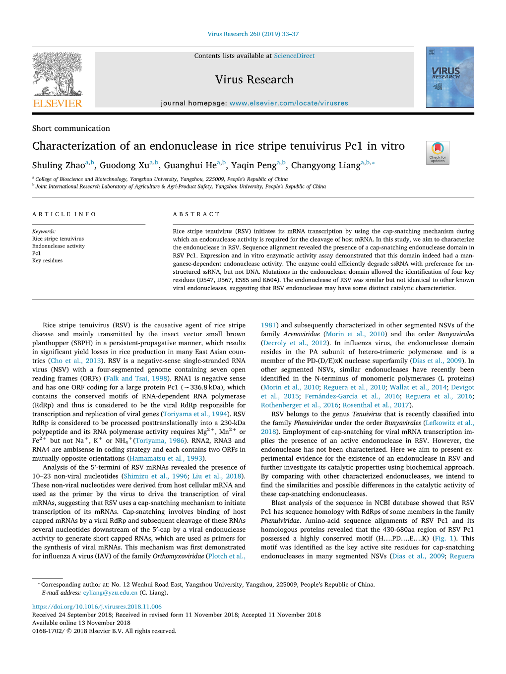 Characterization of an Endonuclease in Rice Stripe Tenuivirus Pc1 in Vitro