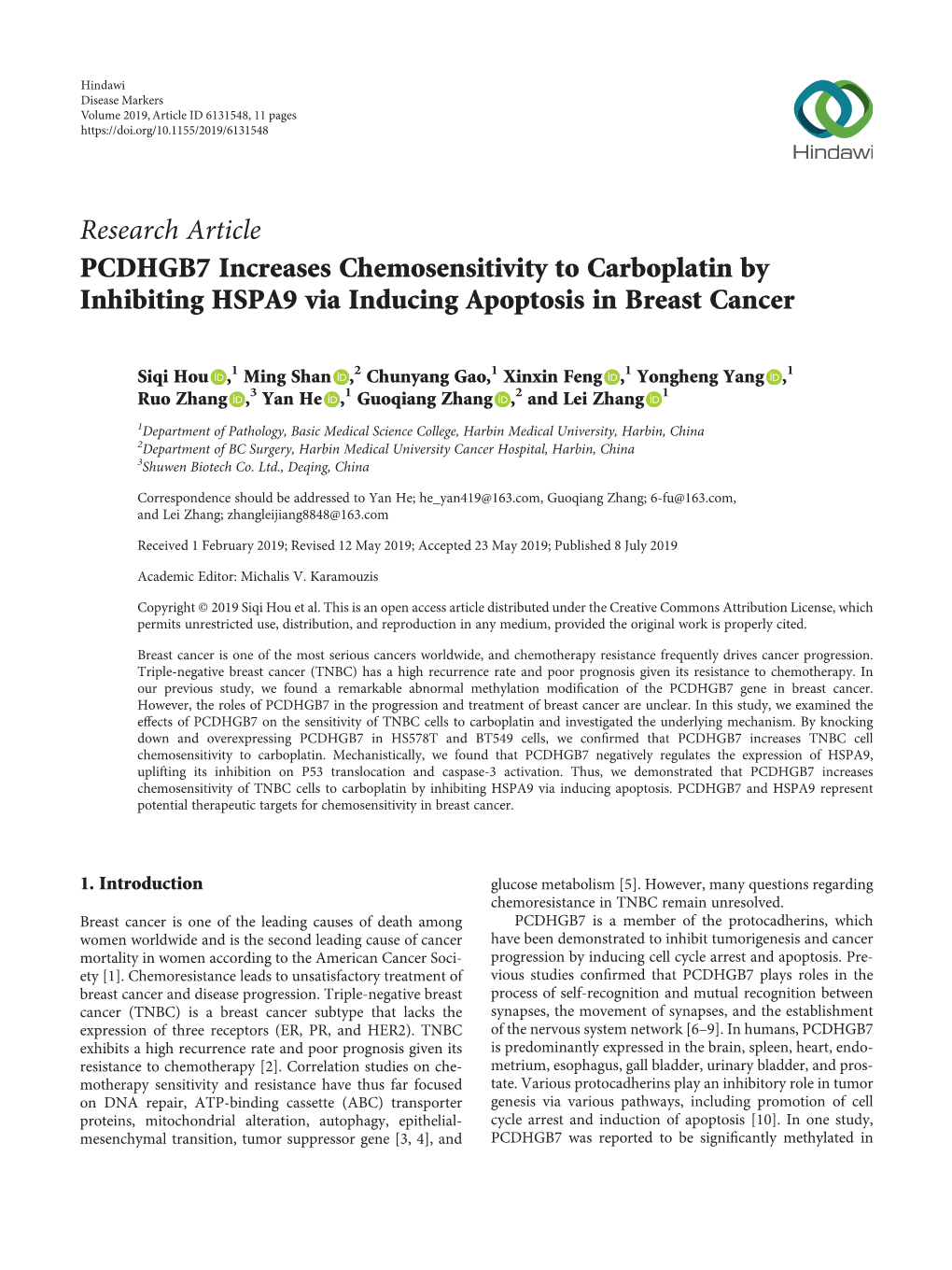 Research Article PCDHGB7 Increases Chemosensitivity to Carboplatin by Inhibiting HSPA9 Via Inducing Apoptosis in Breast Cancer