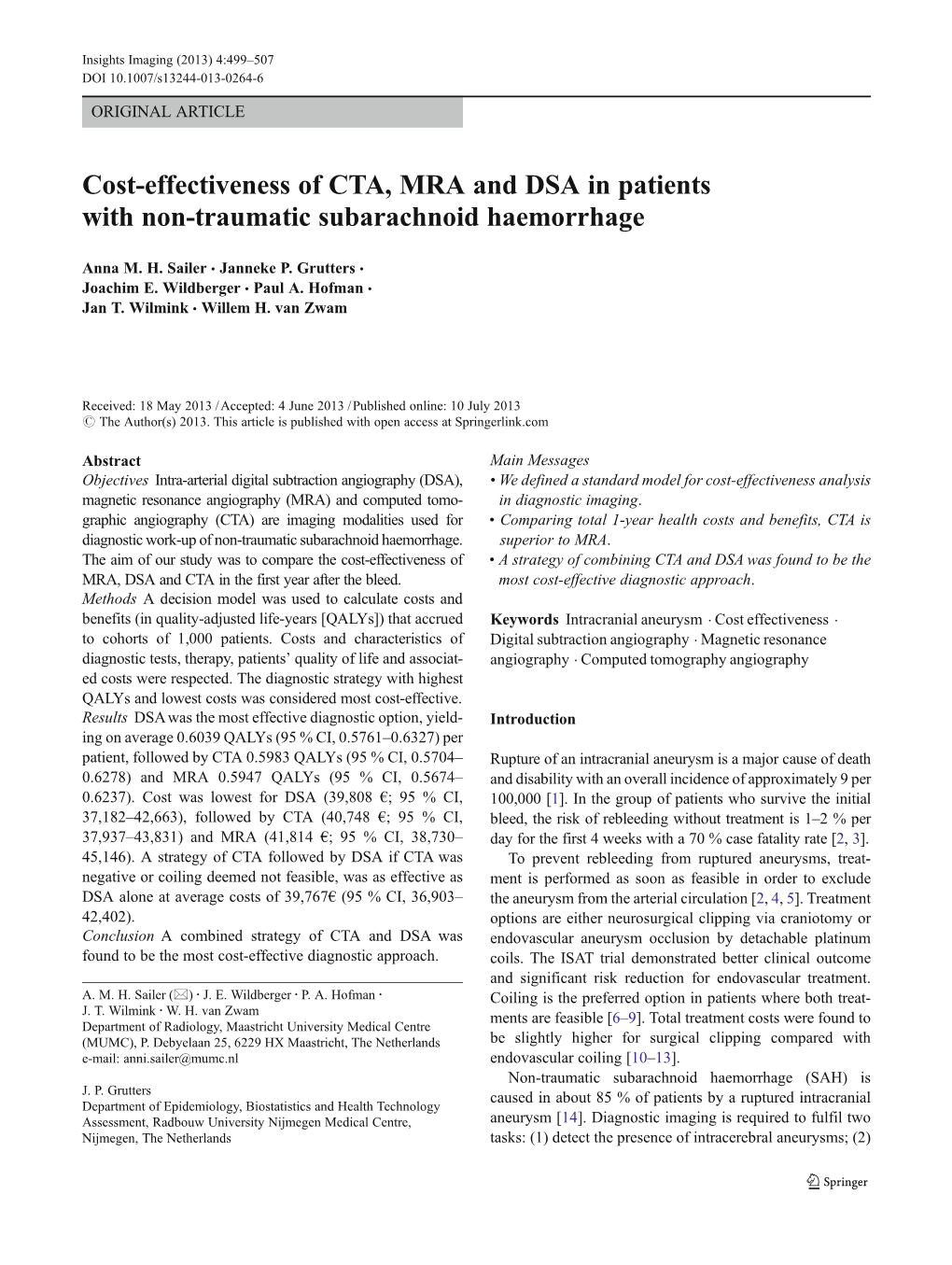 Cost-Effectiveness of CTA, MRA and DSA in Patients with Non-Traumatic Subarachnoid Haemorrhage