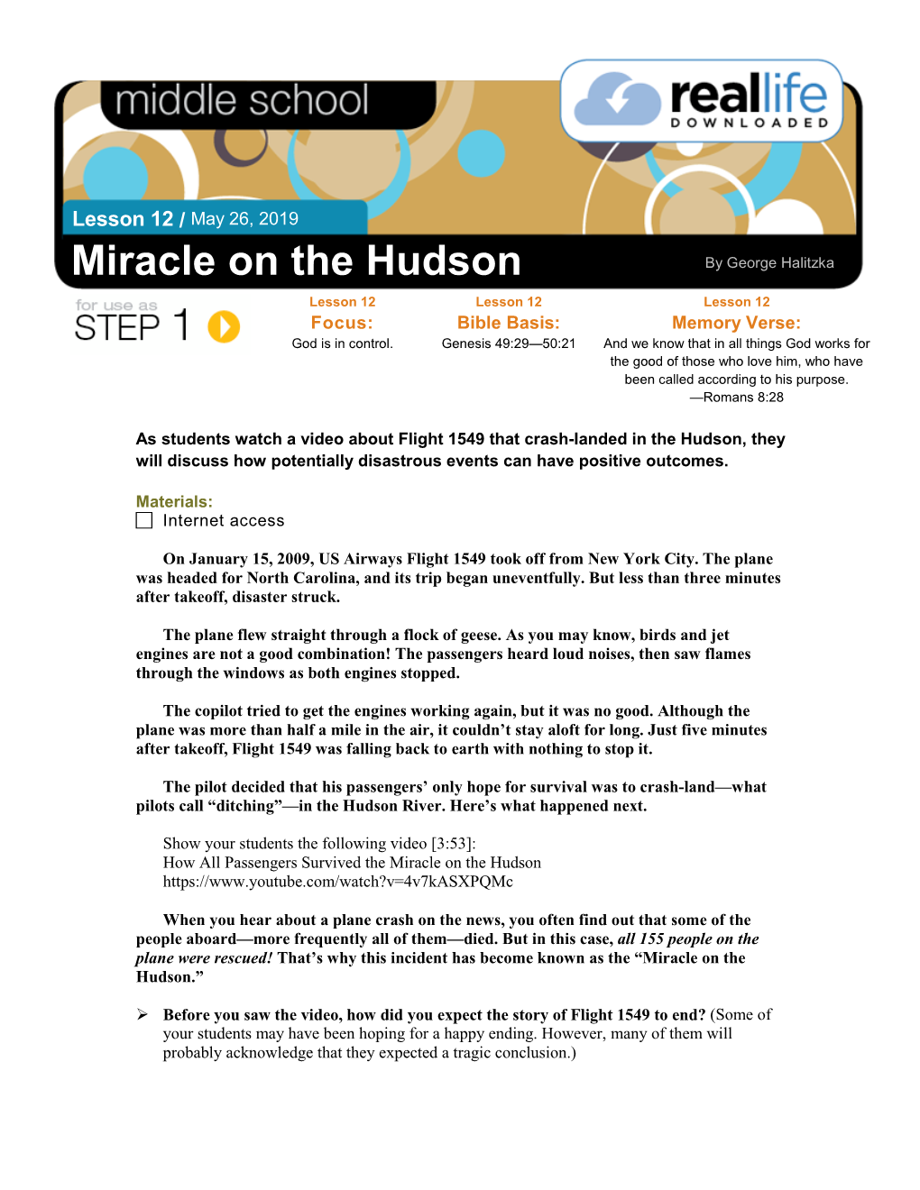 Miracle on the Hudson Lesson 12 Lesson 12 Lesson 12 Focus: Bible Basis: Memory Verse: God Is in Control