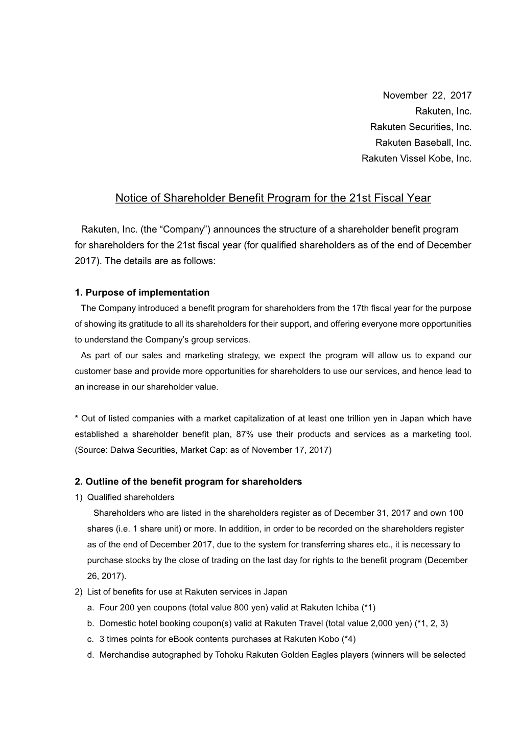 Notice of Shareholder Benefit Program for the 21St Fiscal Year