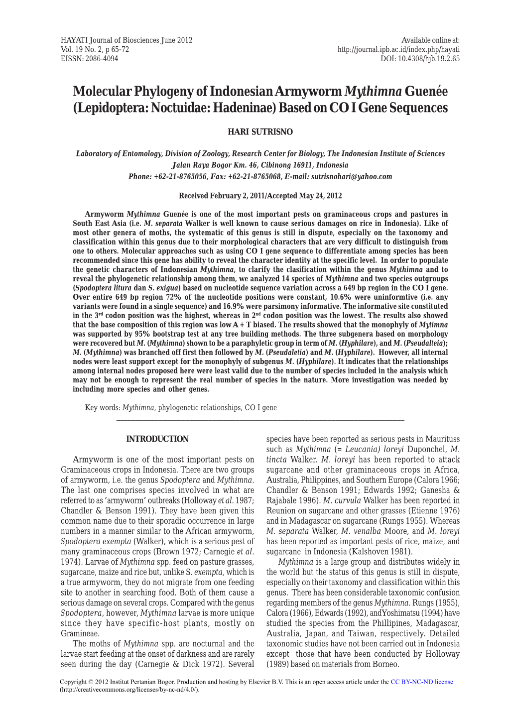 Molecular Phylogeny of Indonesian Armyworm Mythimna Guenã©E