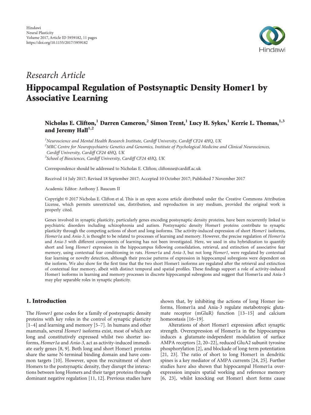 Research Article Hippocampal Regulation of Postsynaptic Density Homer1 by Associative Learning