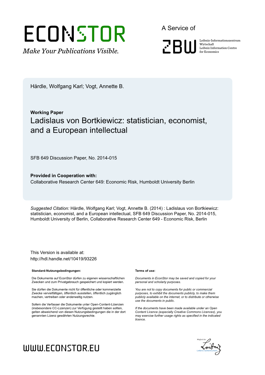 Ladislaus Von Bortkiewicz: Statistician, Economist, and a European Intellectual