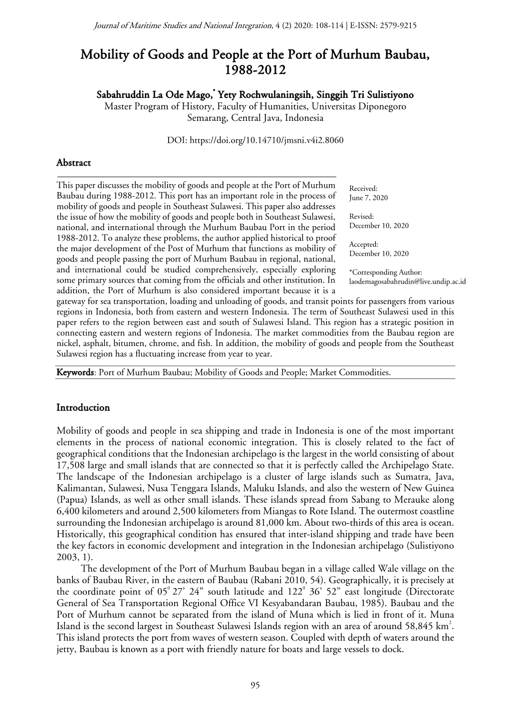 Mobility of Goods and People at the Port of Murhum Baubau, 1988-2012