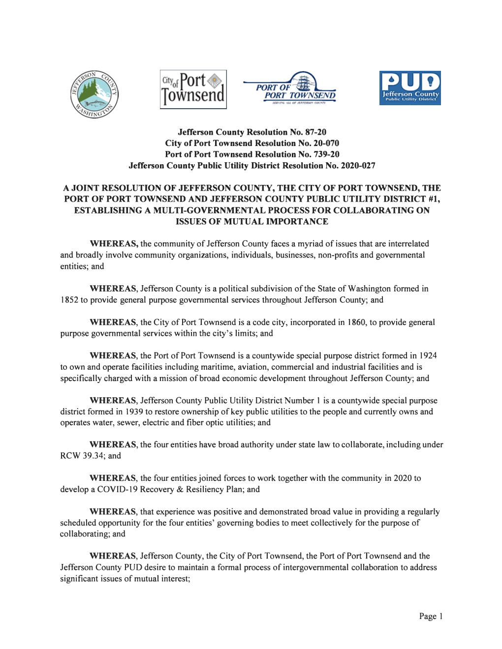 Jefferson County Resolution No. 87-20 City of Port Townsend