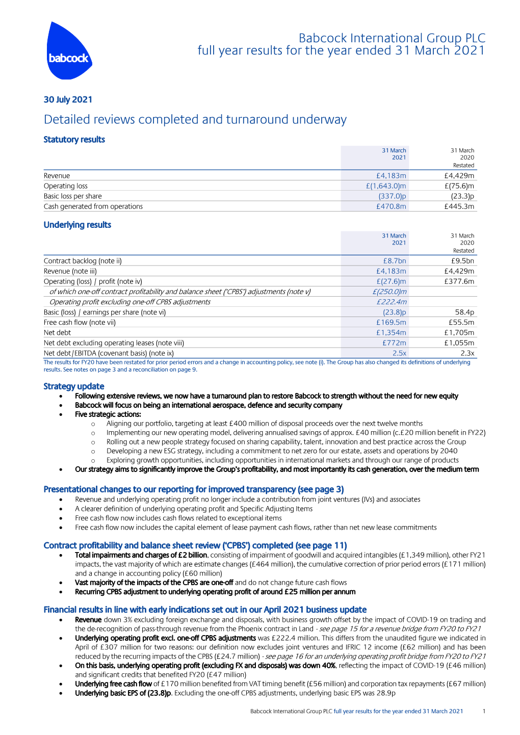 Babcock International Group PLC Full Year Results for the Year Ended 31 March 2021 Detailed Reviews Completed and Turnaround