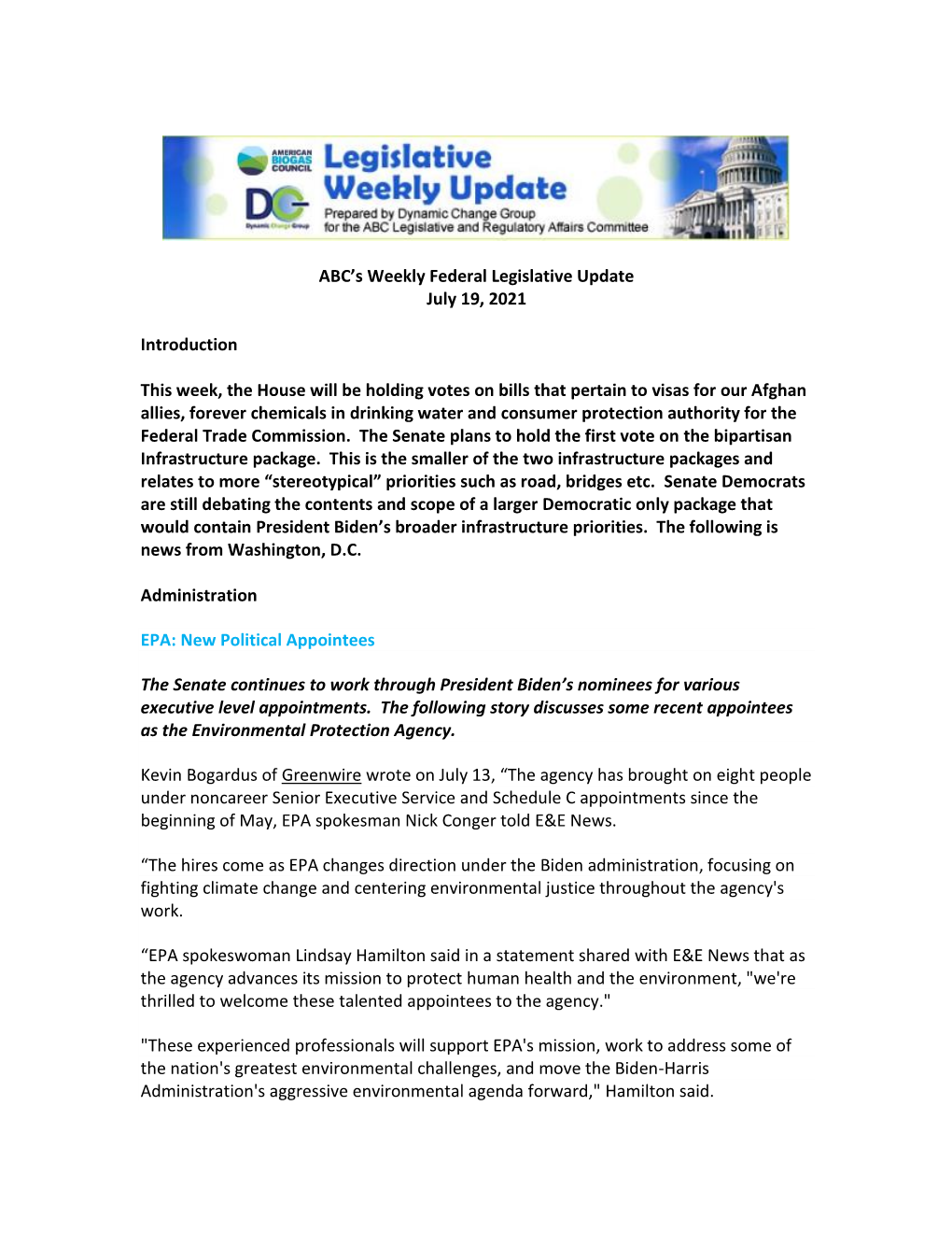 ABC's Weekly Federal Legislative Update July 19, 2021 Introduction This Week, the House Will Be Holding Votes on Bills That P