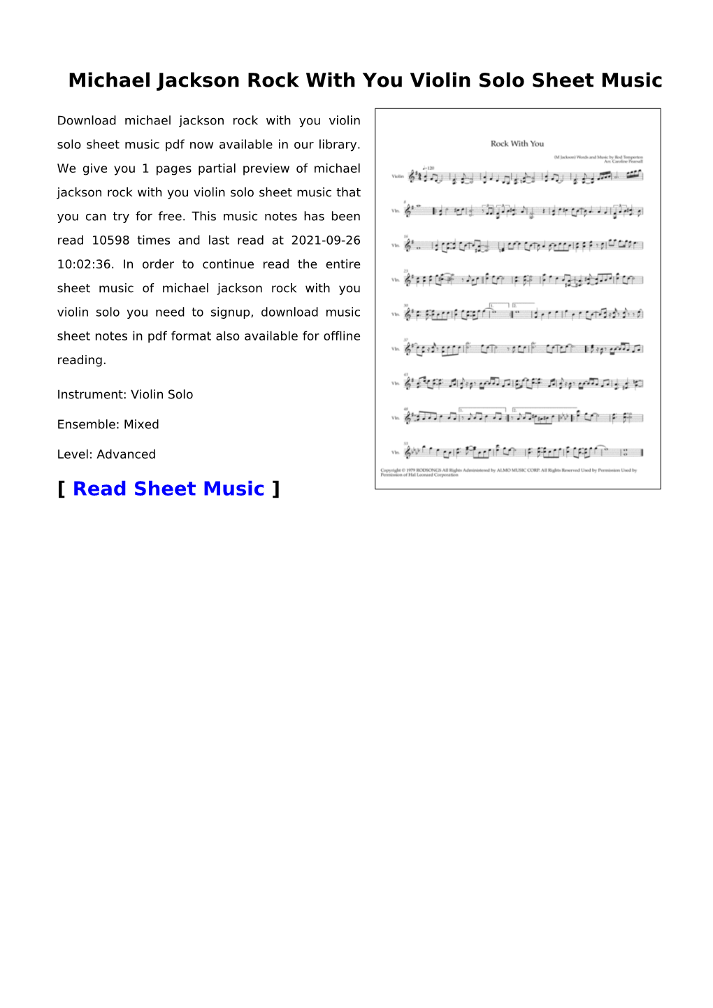 Michael Jackson Rock with You Violin Solo Sheet Music