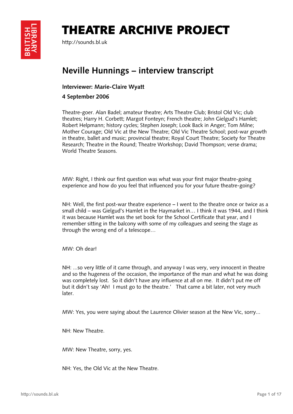 Theatre Archive Project: Interview with Neville Hunnings