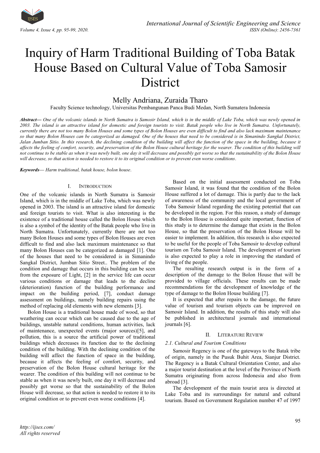 Inquiry of Harm Traditional Building of Toba Batak House Based on Cultural Value of Toba Samosir District