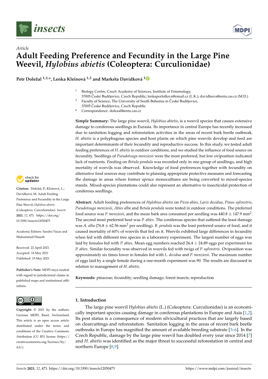 Adult Feeding Preference and Fecundity in the Large Pine Weevil, Hylobius Abietis (Coleoptera: Curculionidae)