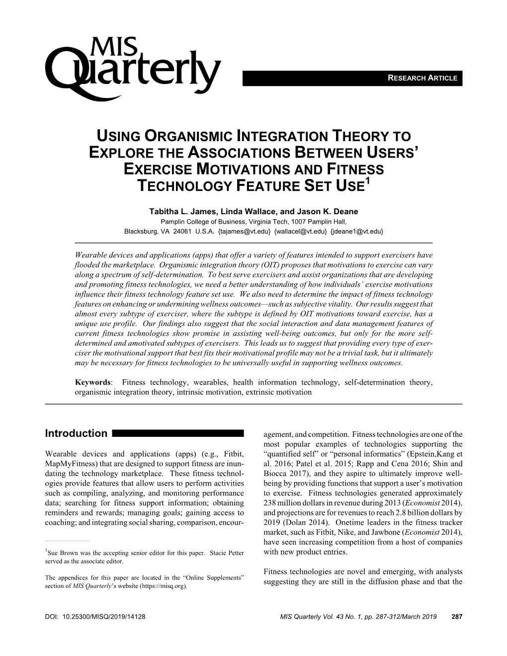 Using Organismic Integration Theory to Explore the Associations Between Users’ Exercise Motivations and Fitness Technology Feature Set Use1