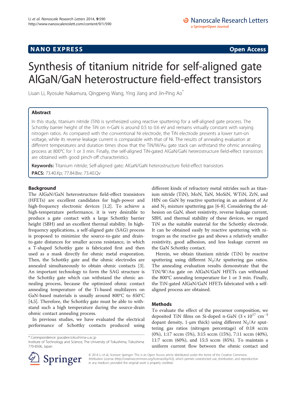 Synthesis of Titanium Nitride for Self-Aligned Gate Algan/Gan