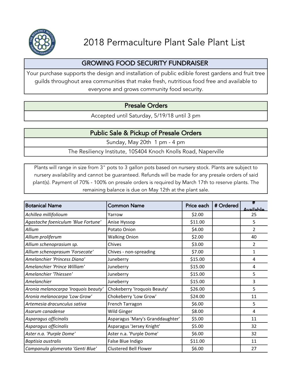 Permaculture Plant Sale 2 List-The-Resiliency-Institute-2018