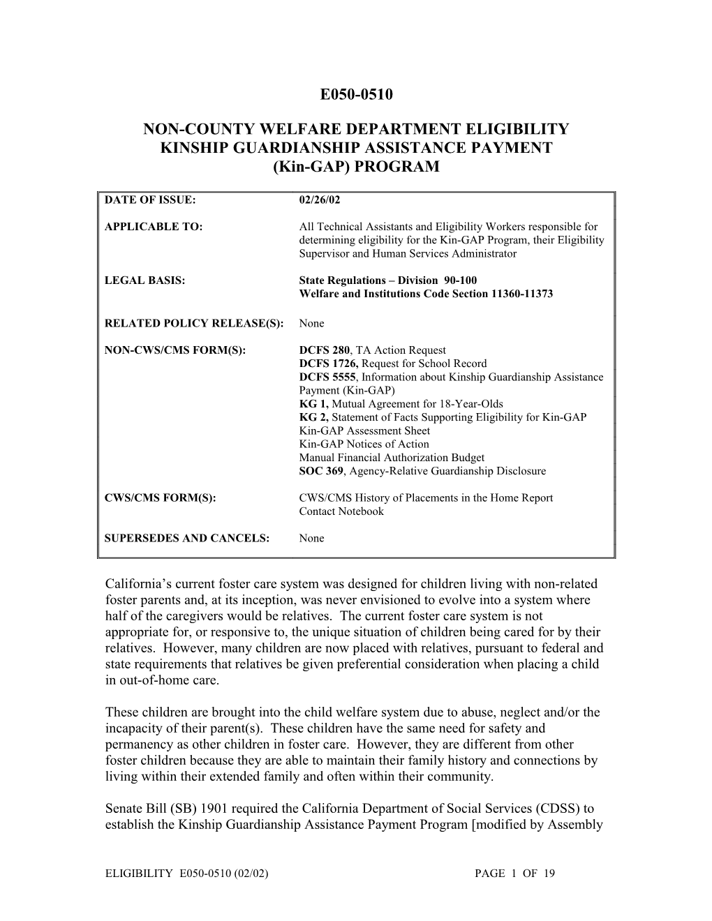 Non-County Welfare Dept. Eligibility Kinship Guardianship Assistance Payment (Kin-Gap) Program