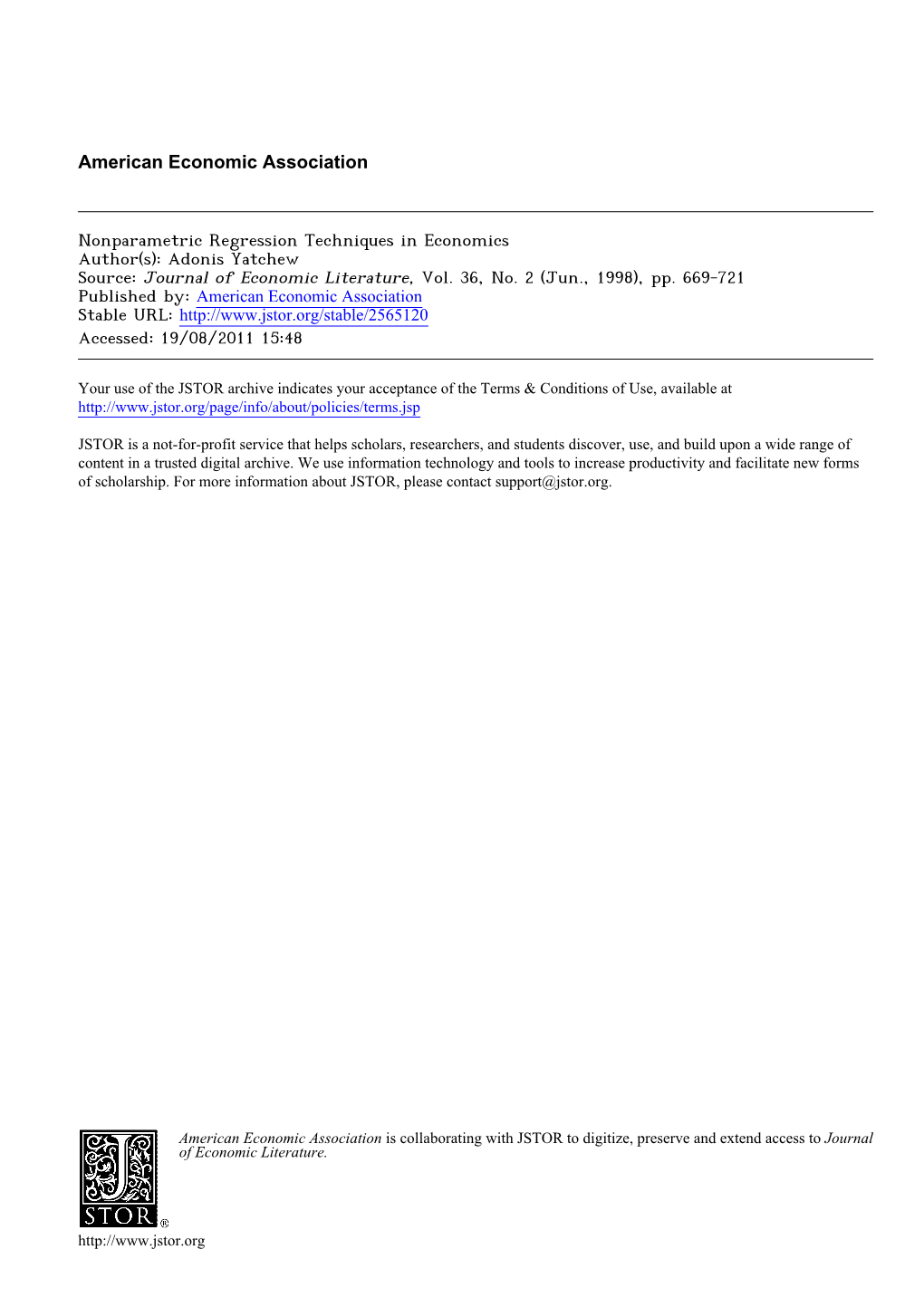 Nonparametric Regression Techniques in Economics Author(S): Adonis Yatchew Source: Journal of Economic Literature, Vol