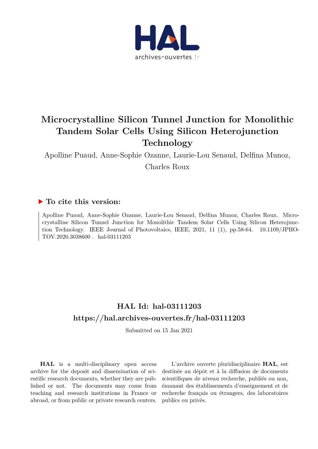 Microcrystalline Silicon Tunnel Junction for Monolithic Tandem