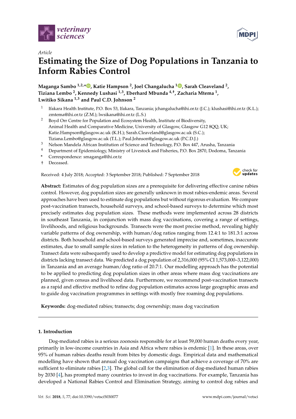 Estimating the Size of Dog Populations in Tanzania to Inform Rabies Control