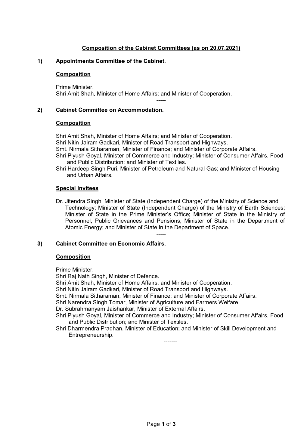 Page 1 of 3 Composition of the Cabinet Committees (As on 20.07