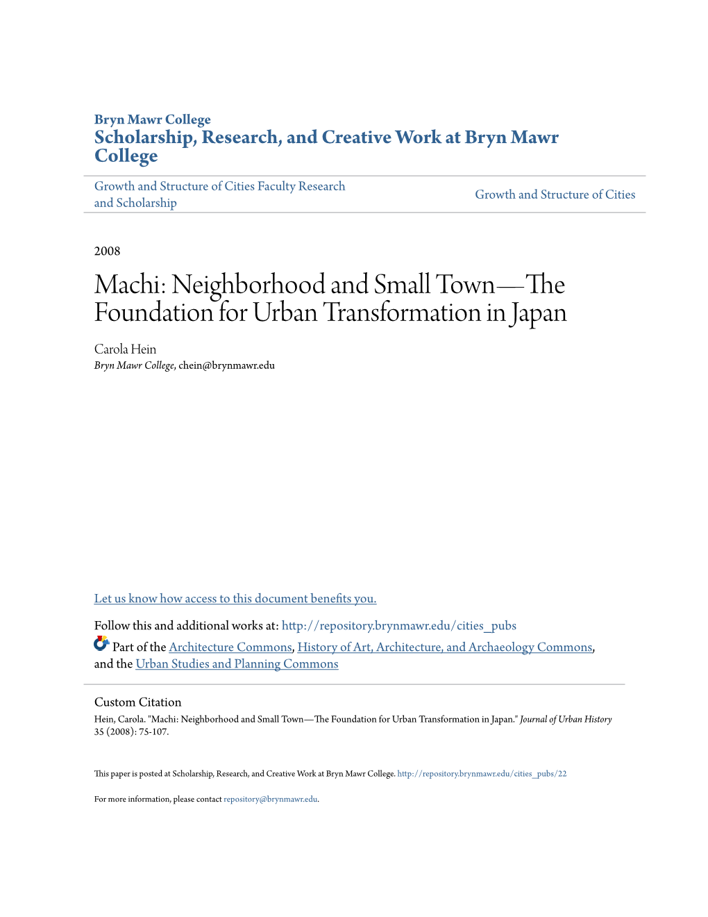Machi: Neighborhood and Small Townâ•ﬂthe Foundation for Urban
