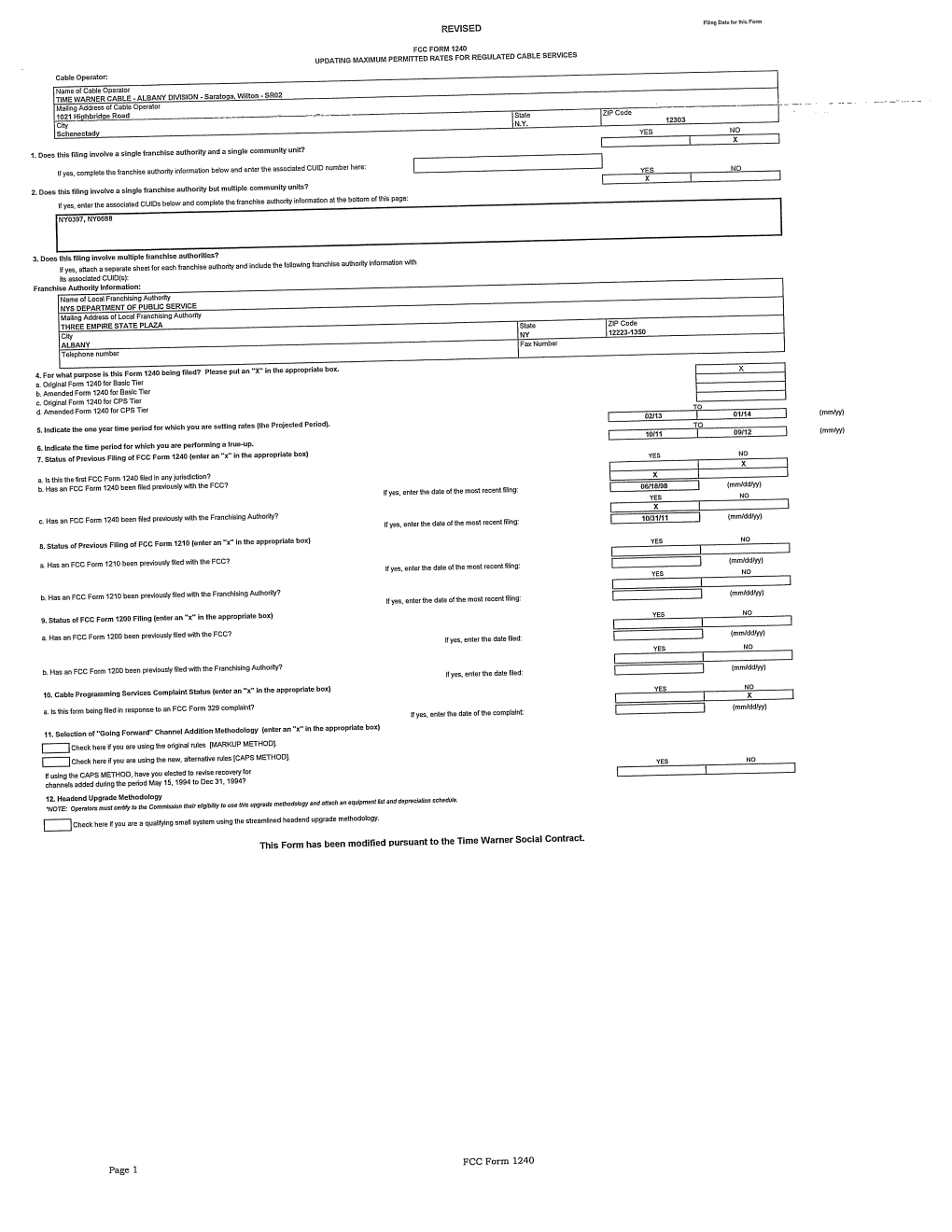 Fcc Form 1240 Cable Services Updating Maximum Permitted Rates for Regulated