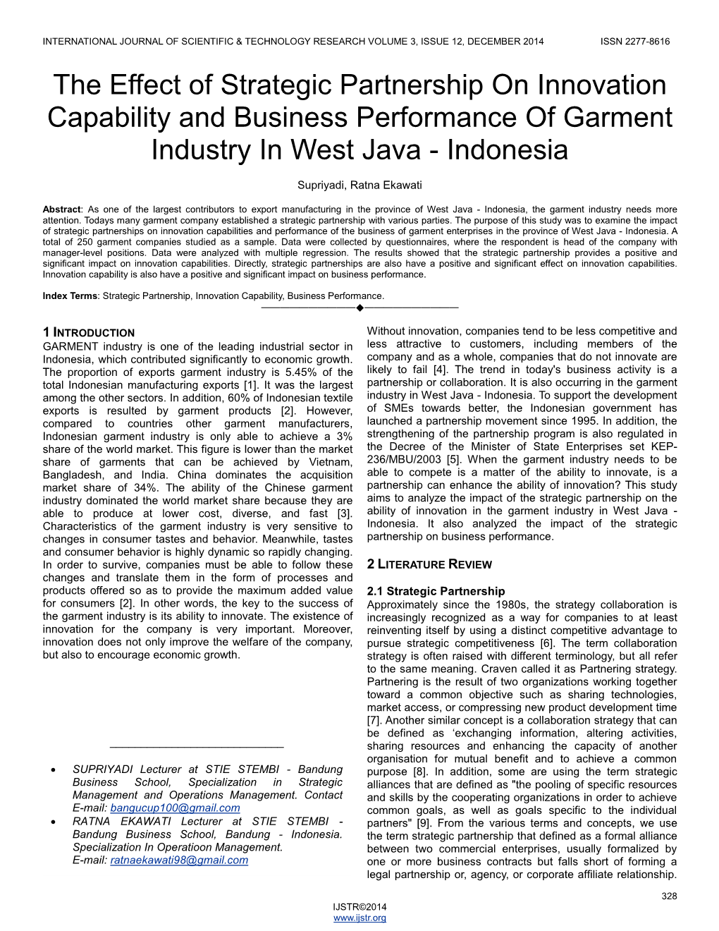 The Effect of Strategic Partnership on Innovation Capability and Business Performance of Garment Industry in West Java - Indonesia